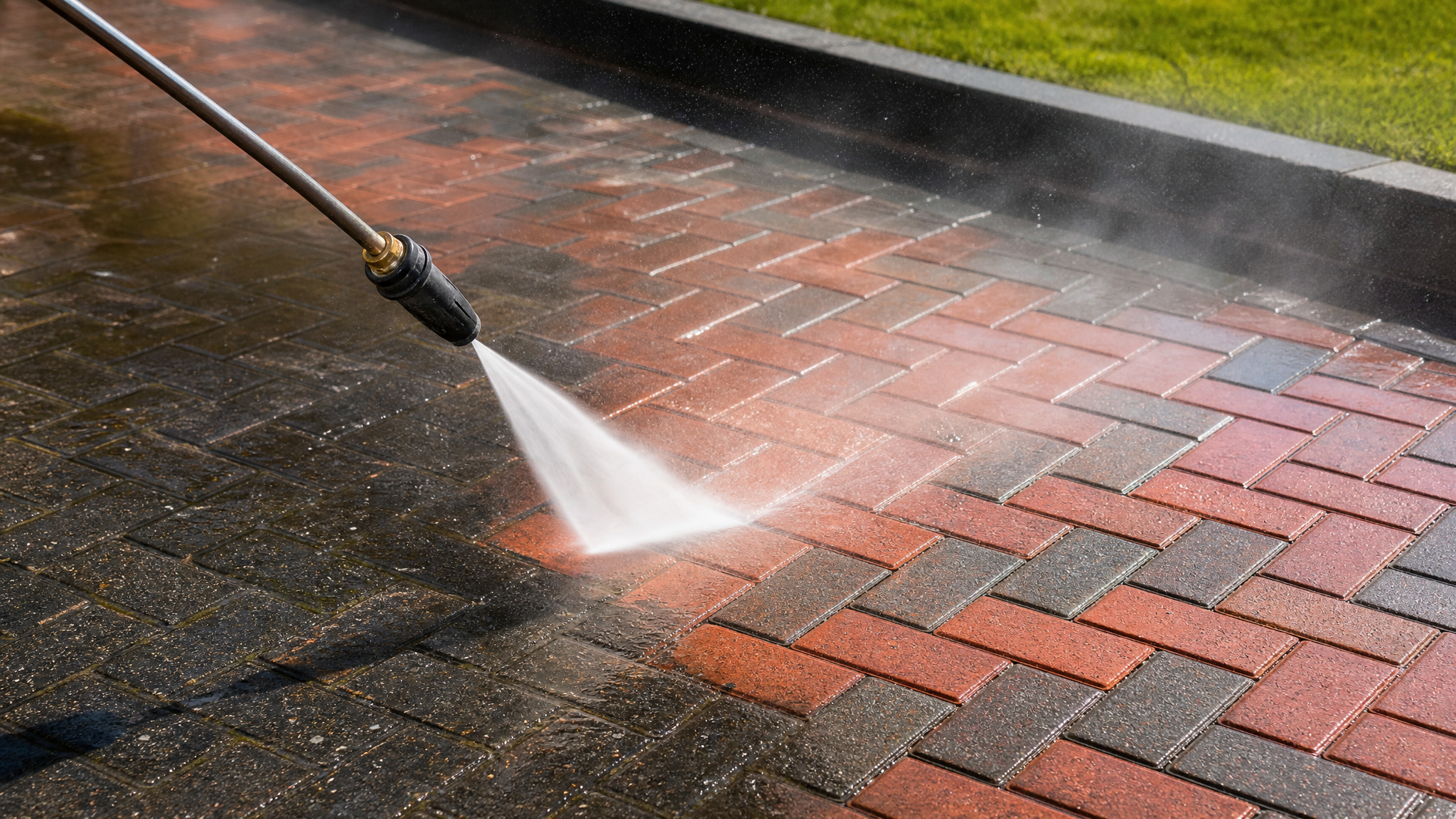 Driveway pressure washing in action